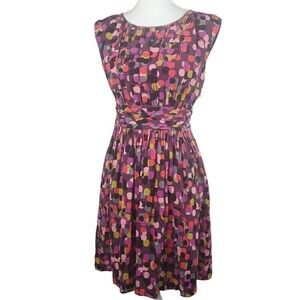 Boden Cap Sleeve Ruched Pleated Dress Size 4P Polka Dots Purple Pink FLAWS